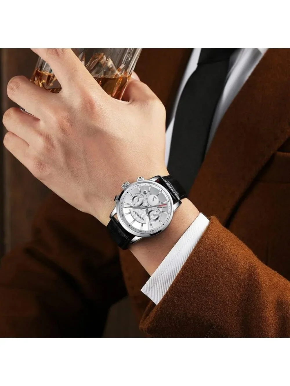 Men's Black White Chronograph Leather Strap Quartz Waterproof Wrist Watch